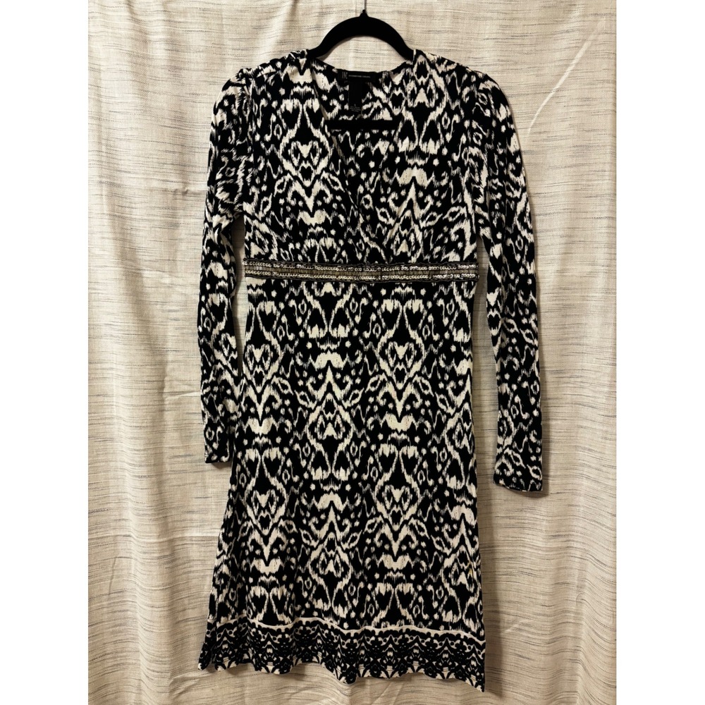 INC International Concepts Navy White Ikat Beaded Empire Waist Wrap Dress S